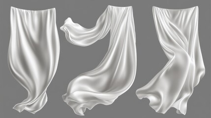 Fototapeta premium Shiny white fabric flowing gracefully in the wind, resembling billowing velvet garments or scarves. Realistic vector set of white satin drapes isolated on a gray background.