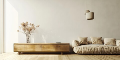 Modern minimalist living room, Scandinavian design, beige sofa, wooden sideboard, pendant lamp, neutral tones, clean lines, spacious interior, light and airy, potted plant, textured wall, cozy atmosph