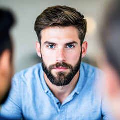 Obraz premium A man with a beard and blue shirt is looking at the camera