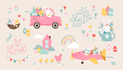 Lovely hand drawn Easter vector elements, truck, plane, house, flowers and more.