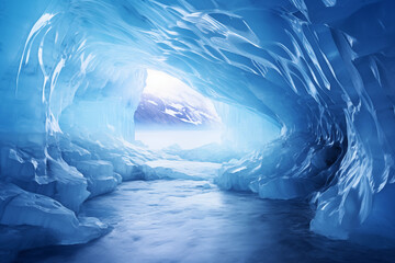 Fototapeta premium Ethereal Beauty of the Illuminated Ice Cave: A Spectrum of Blues, Ice, and Spikey Silhouettes