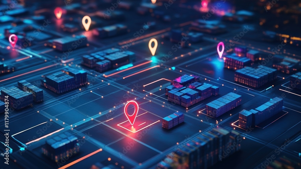 Poster glowing location indicators highlight shipping containers moving on a futuristic circuit board, symb