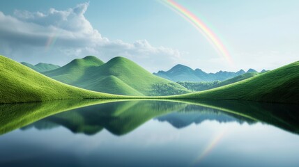 Obraz premium A rainbow gracing a serene lake surrounded by rolling hills, with the colorful arc reflecting on the calm water, creating a sense of peace and tranquility.
