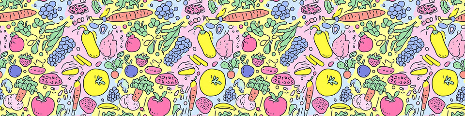 Abstract cartoon food icons, vivid colors, seamless tile