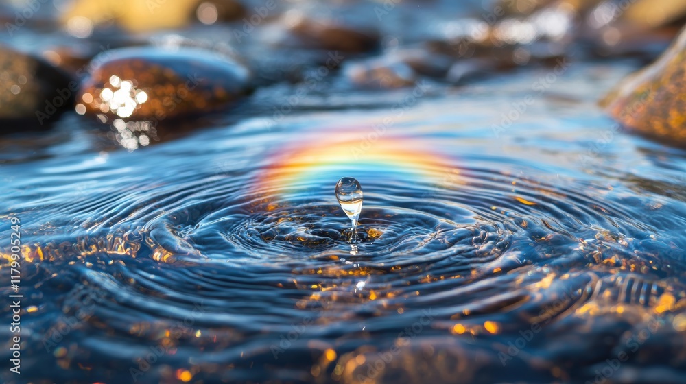Poster a rainbow s colors fragmented and distorted in the ripples of a flowing river, creating an abstract 