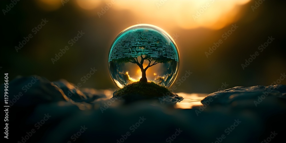 Poster a tree inside a glass orb with digital patterns, reflecting light in a serene natural setting at sun