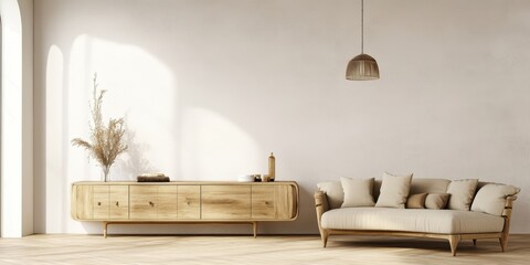 Modern minimalist living room, Scandinavian design, beige sofa, wooden sideboard, pendant lamp, neutral tones, clean lines, spacious interior, light and airy, potted plant, textured wall, cozy atmosph