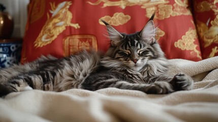 Maine Coon Cat Lounging Comfortably at Home Traditional Chinese Aesthetic Cozy Living Room Artistic Vibe