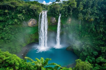 A waterfall is flowing into a large blue pool surrounded by lush green trees