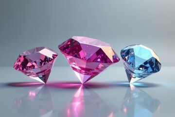 Three large diamonds, gray background, reflection, high-quality, facets, image