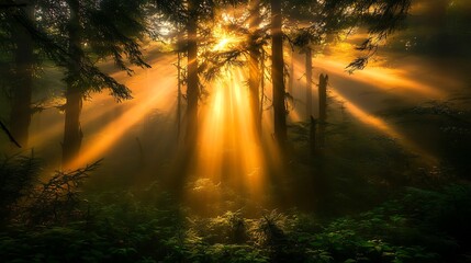 Sunbeams illuminating a misty forest at sunrise.