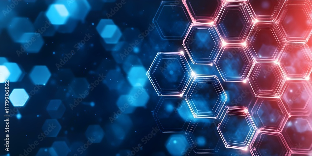 Poster a digital abstract background featuring hexagonal patterns in blue and pink hues with glowing effect