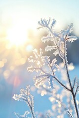 Fototapeta premium Close-up view of frost-covered branches at sunrise, showcasing delicate ice crystals and a blurred winter background.