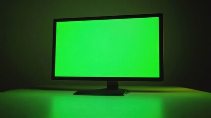 Green Screen Computer Desktop Setup in Dimly Lit Room A Perfect Mockup for Digital Content