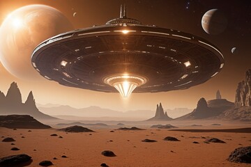 A large spaceship is flying through the sky above a desert