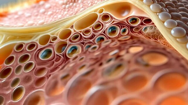 This close-up shows the intriguing texture and detailed structure of a starfish arm cross section. The image captures the complexity of marine biology.