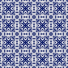 Seamless abstract pattern with intricate blue shapes and floral-inspired symmetrical details on a light gray background, ideal for decor or textiles.