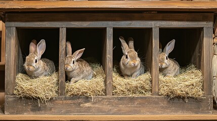 A rustic rabbit hutch with hay-filled compartments and hopping bunnies