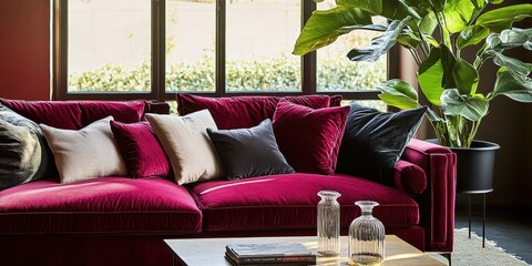 Interior design, cozy living room, large windows, natural light, burgundy velvet sofa, white throw pillows, wooden coffee table, potted plant, vase with flowers, warm atmosphere, elegant decor, window