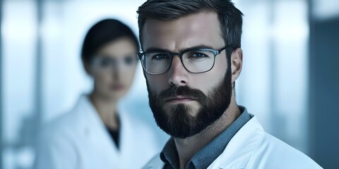 A focused man in a lab coat with glasses, accompanied by a woman in a similar outfit, set in a clinical environment. Concept Clinical Research, Laboratory Setting, Professional Attire