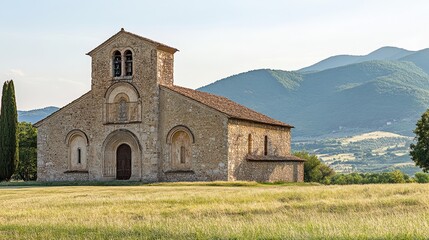 A grand Romanesque church with rounded buttresses and a serene backdrop of mountains under a soft blue sky