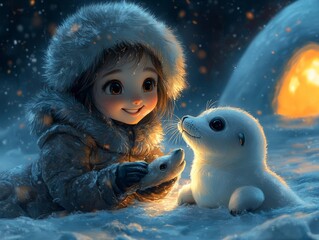 Obraz premium small cute Eskimo girl, she feeds a small baby seal with a fish