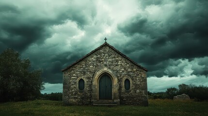Fototapeta premium The exterior of a Romanesque church with thick stone walls a single archway and clouds above creating a dramatic scene
