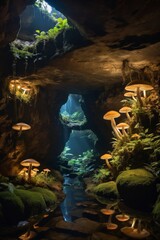 A cave with a tunnel and mushrooms growing on the walls