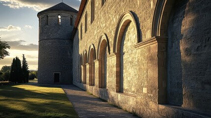 A Romanesque church with a rounded apse stone buttresses and warm golden light stretching long shadows across the ground