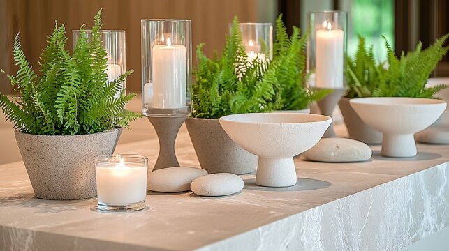 integrated into a luxurious spa setting, placed alongside candles and smooth stones, adding a natural, tranquil vibe to the space for wellness and relaxation. Fern 