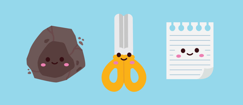 Cute character illustration. Rock, paper, scissors, Rochambeau game design suitable for posters and web.