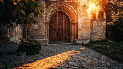 Fototapeta premium The Romanesque church entrance with carved stone arches closed wooden doors and warm sunset light over the courtyard