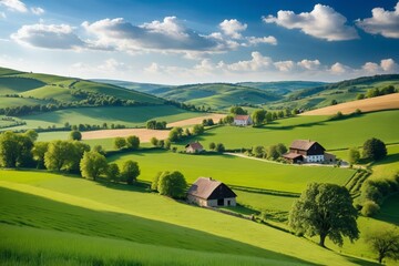 A beautiful countryside with a few houses and trees