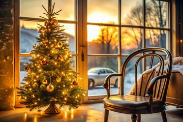 Fototapeta premium Minimalist Christmas Tree Reflection: Golden Hour Festive Workshop Scene