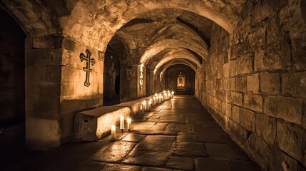 Fototapeta premium A narrow crypt with vaulted ceilings and stone slabs engraved with Christian symbols candlelight casting soft shadows