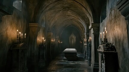 Fototapeta premium A narrow crypt with rounded stone ceilings columns and a single stone coffin lit by flickering candlelight from both sides