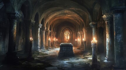 A narrow crypt with rounded ceilings tall columns and a stone coffin illuminated by flickering candles placed nearby
