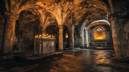 A dimly lit crypt with stone arches a carved altar and candlelight casting shadows across the walls and floor