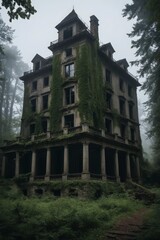 A large, abandoned building covered in vines and moss