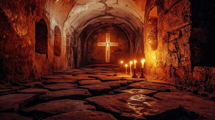 An ancient crypt with vaulted ceilings and cracked stone slabs a large cross carved in the wall lit by candles