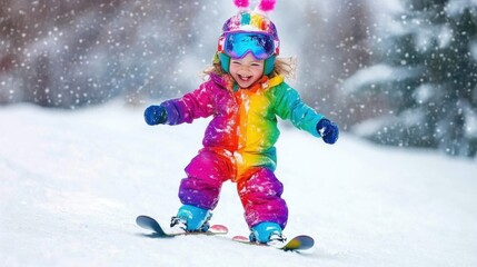 Child skiing joyfully in colorful winter attire on a snowy slope during a snowy day
