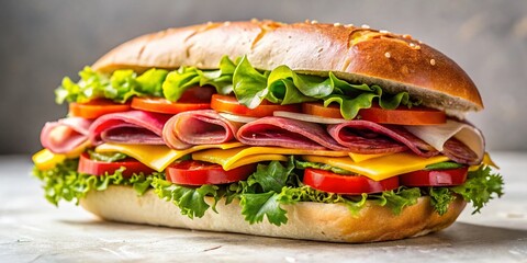 Minimalist Close-up of a Loaded Deli Sandwich on White Background