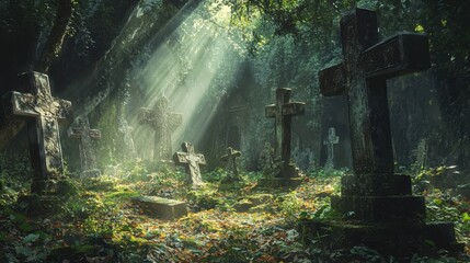Obraz premium A small ancient cemetery in a dense forest stone crosses covered in moss sunlight filtering through trees casting warm light on the fallen leaves
