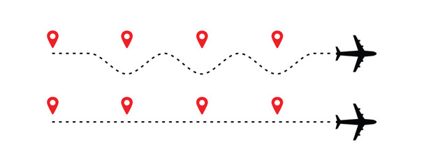 travel timeline dots, airplane route dotted line with red map pins, transportation route chart