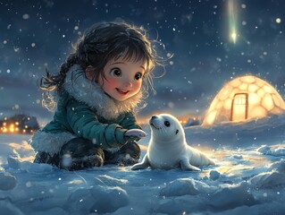 Obraz premium small cute Eskimo girl, she feeds a small baby seal with a fish