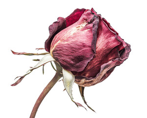 Dried red rose with a wilted appearance, white isolate background.