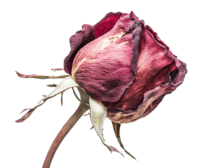 Dried red rose with a wilted appearance, white isolate background.