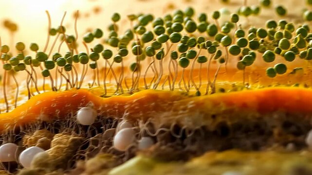 A close-up view capturing the early stages of plant growth, showcasing sprouting seedlings and germinating seeds embedded in a fibrous matrix under a warm, bright light, conveying themes of life's
