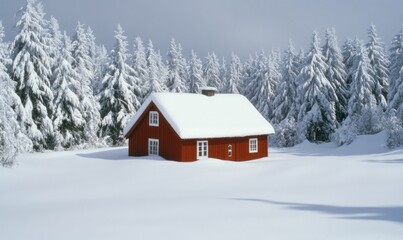 Naklejka premium Snowy red cabin winter wonderland forest postcard