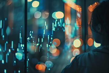 Side profile of a female stock broker analysing financial trading graphs. Businesswoman examining global economy. Successful woman. International women's day